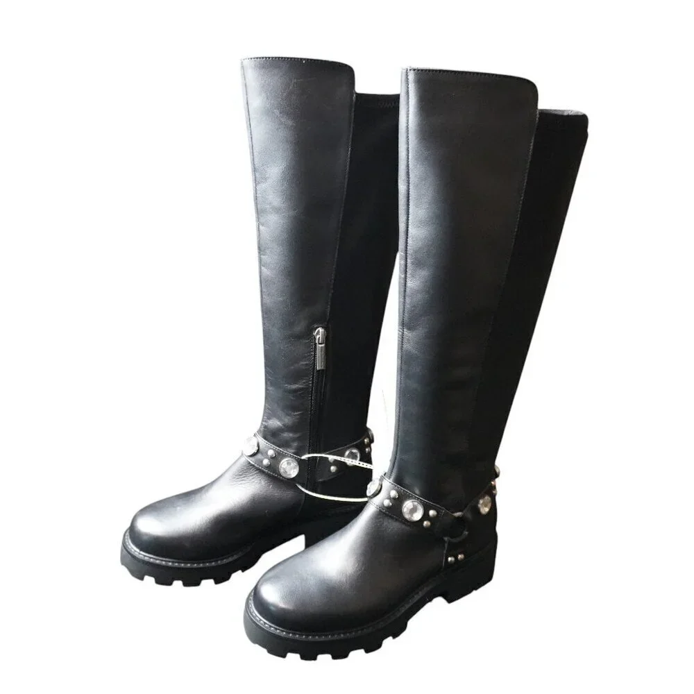 Karl Lagerfeld Milla Rhinestone Embellished Tall Leather Riding Boots